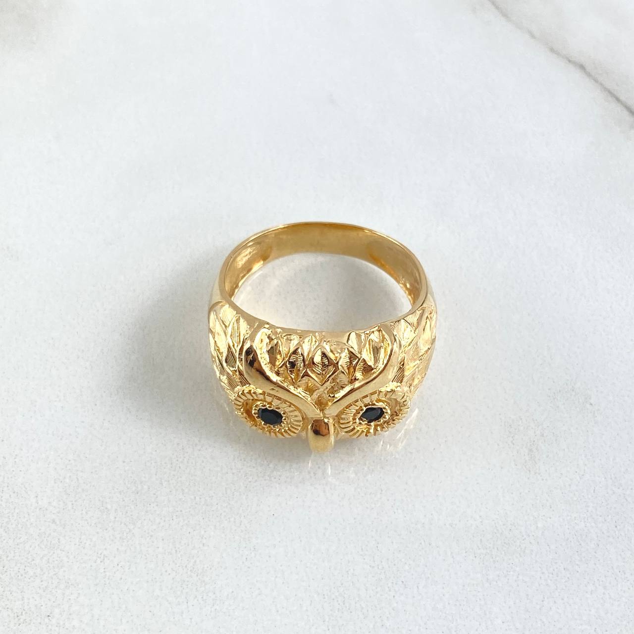 Owl Ring 8.55gr / Size 9 / Black Zircons 18K Yellow Gold