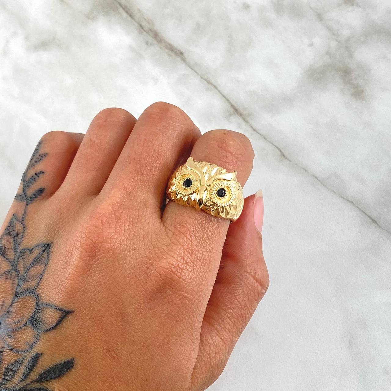 Owl Ring 8.55gr / Size 9 / Black Zircons 18K Yellow Gold
