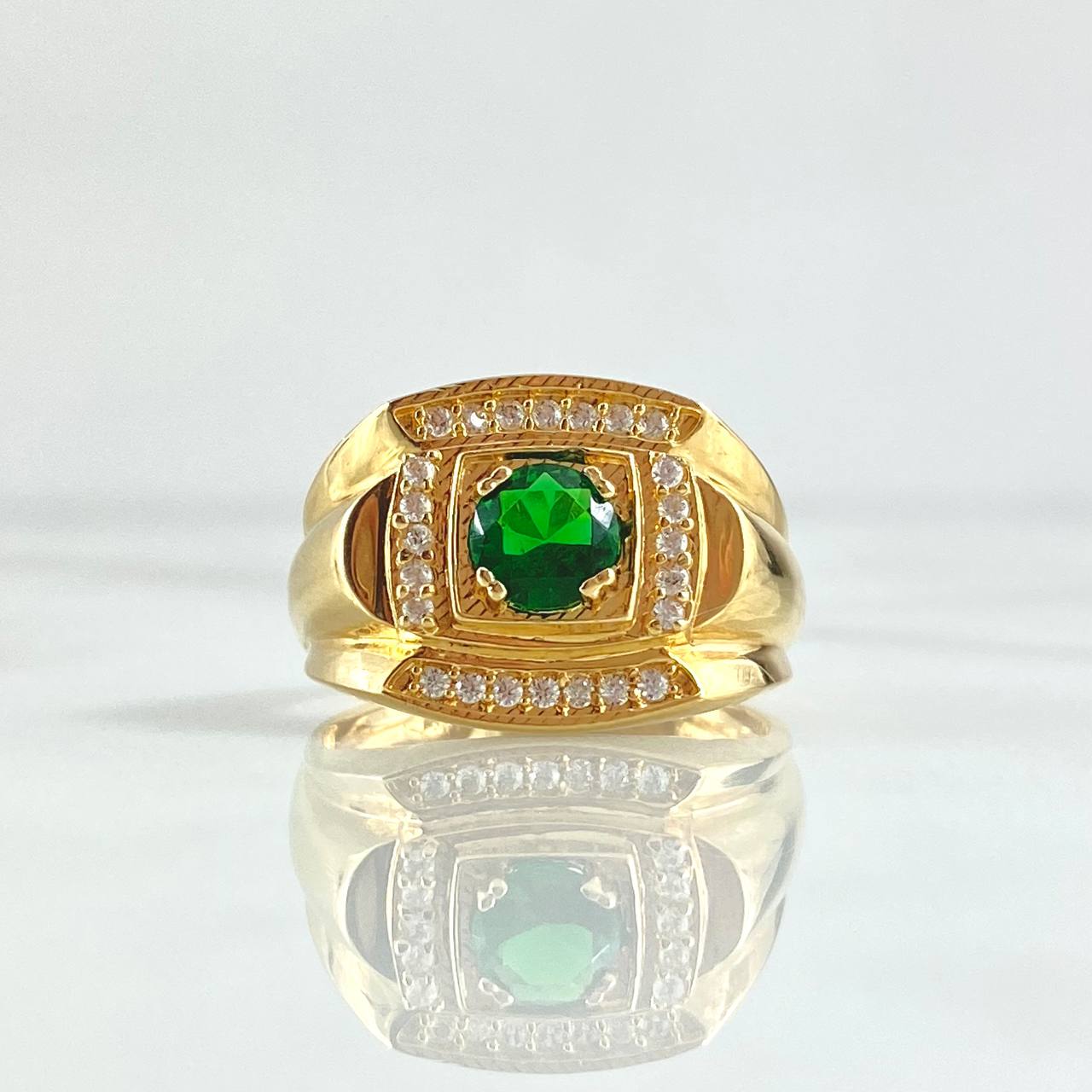 Wide Frame Ring 6.2gr / Size 9 1/2 / White and Green Zircons 18K Yellow Gold