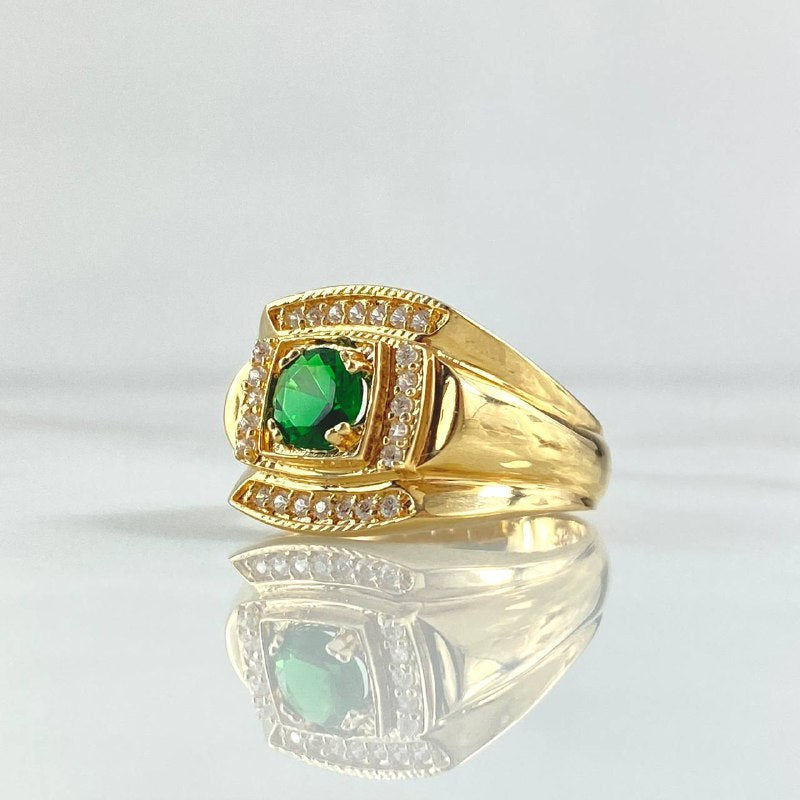Wide Frame Ring 6.2gr / Size 9 1/2 / White and Green Zircons 18K Yellow Gold