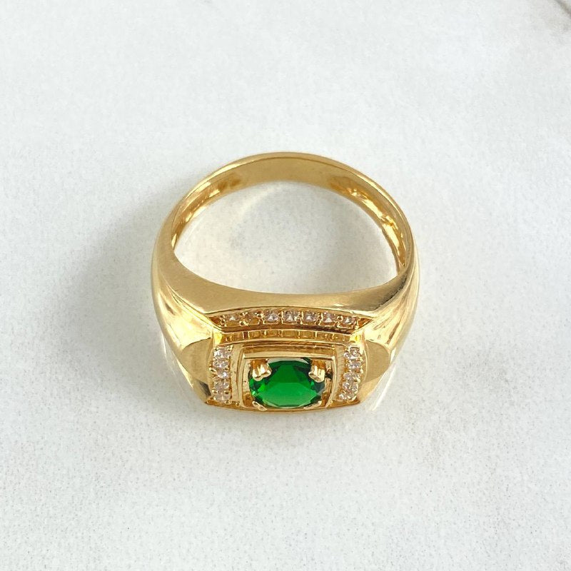 Wide Frame Ring 6.2gr / Size 9 1/2 / White and Green Zircons 18K Yellow Gold