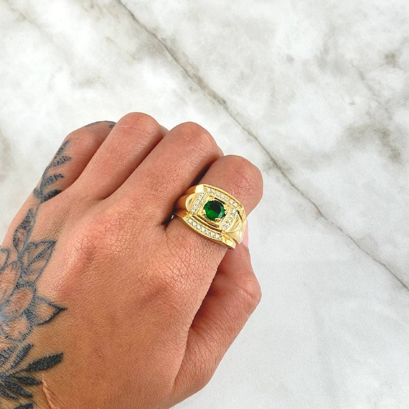 Wide Frame Ring 6.2gr / Size 9 1/2 / White and Green Zircons 18K Yellow Gold