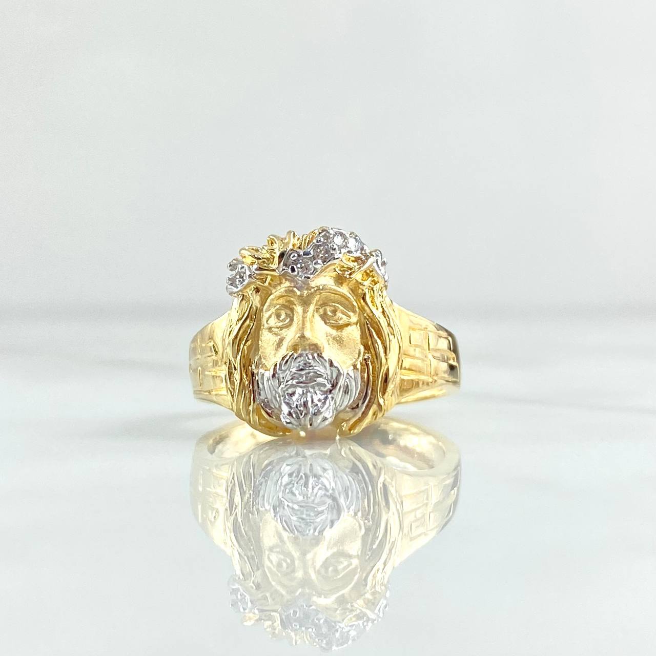 Christ Face Ring 6.55gr / Size 8 3/4 / White Zircons Two-tone Yellow and White Gold 18K *