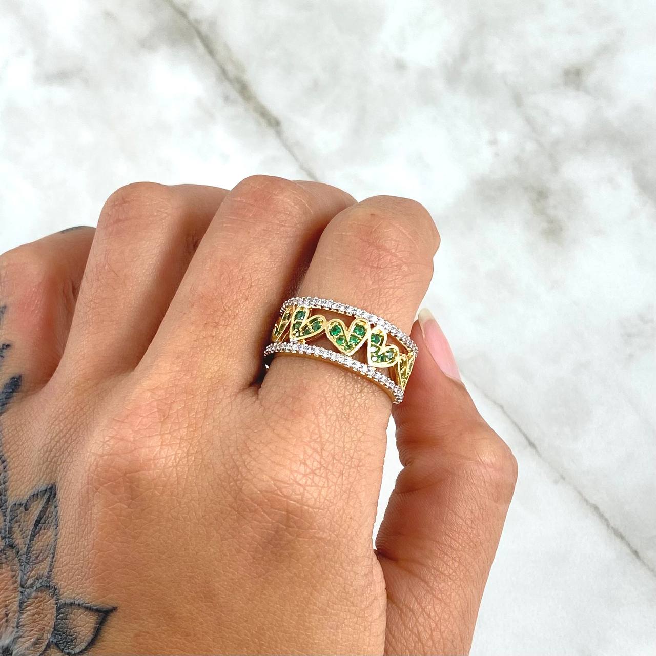Heart Track Ring 5.55gr / T8 / White Green Zircons 18K Yellow Gold *