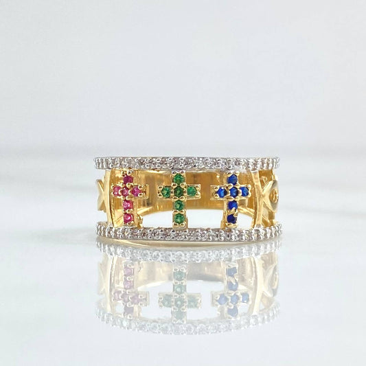 Three Crosses Fish Ring 3.6gr / T6 1/4 / Colored Zircons 18K Yellow Gold *