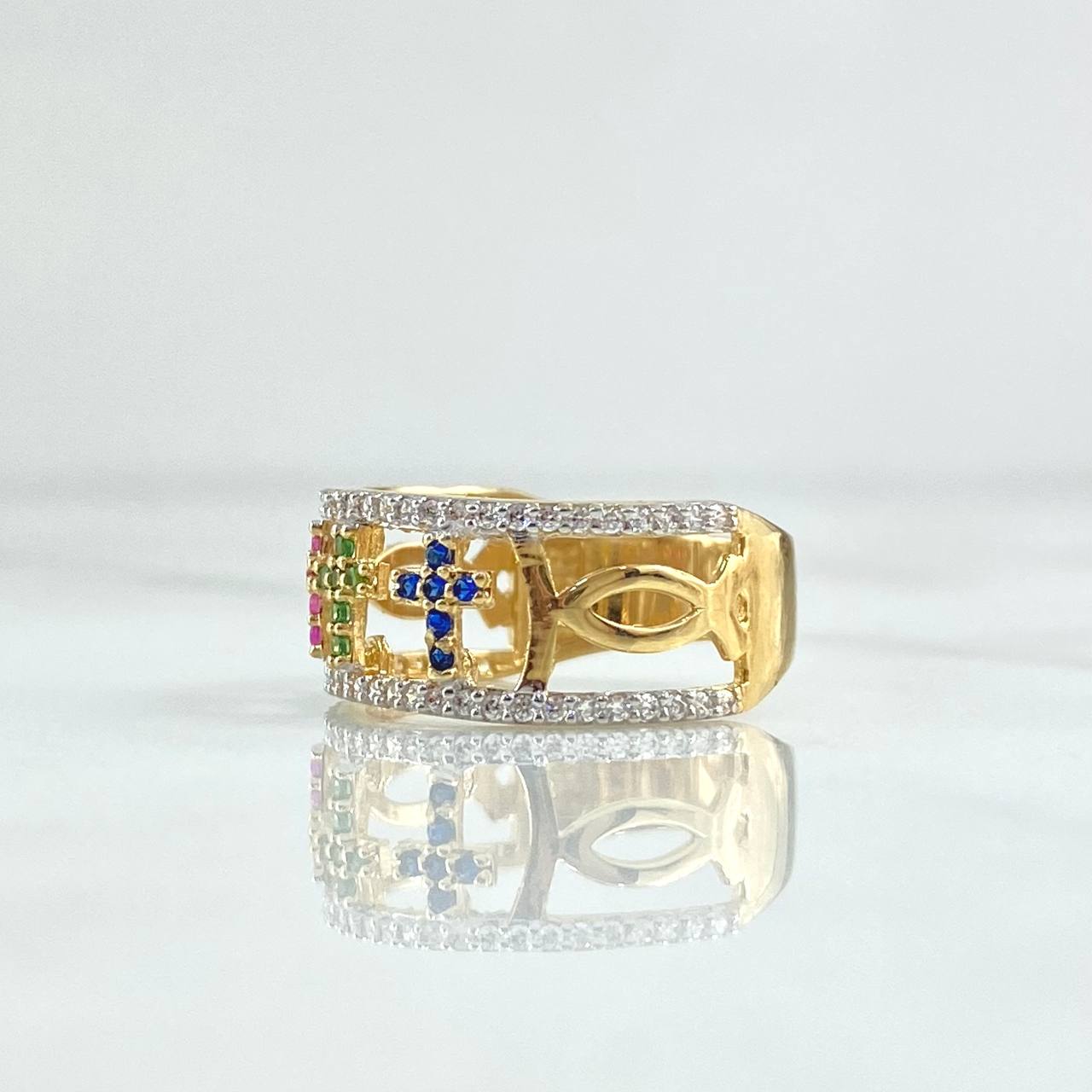 Three Crosses Fish Ring 3.6gr / T6 1/4 / Colored Zircons 18K Yellow Gold *