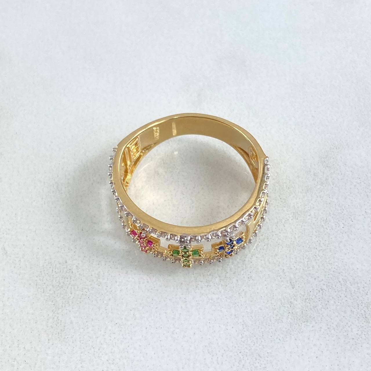 Three Crosses Fish Ring 3.6gr / T6 1/4 / Colored Zircons 18K Yellow Gold *