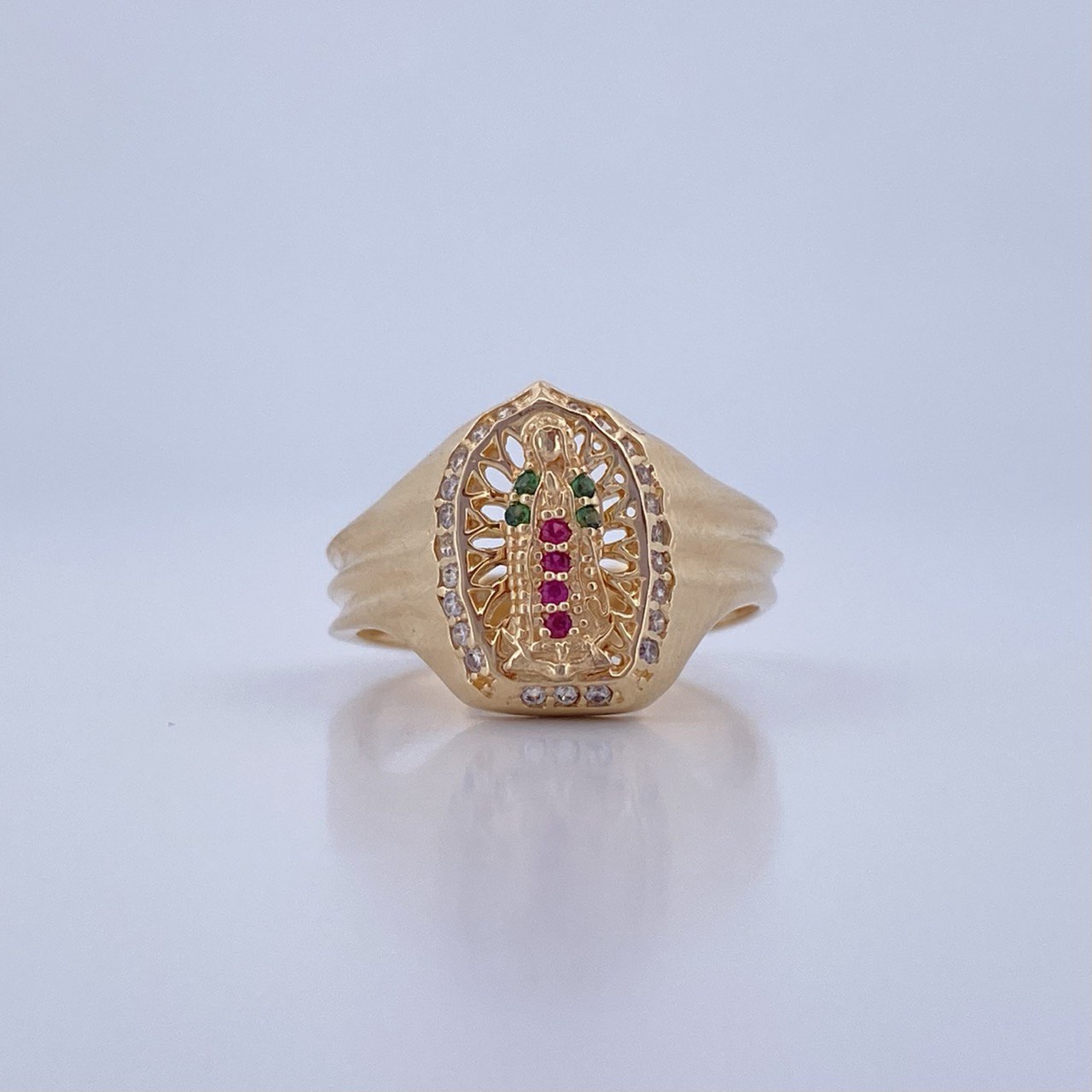 Virgin Guadalupe Ring 4.45gr / T6 3/4 / Fuchsia, Green, White Zircons 18K Gold &