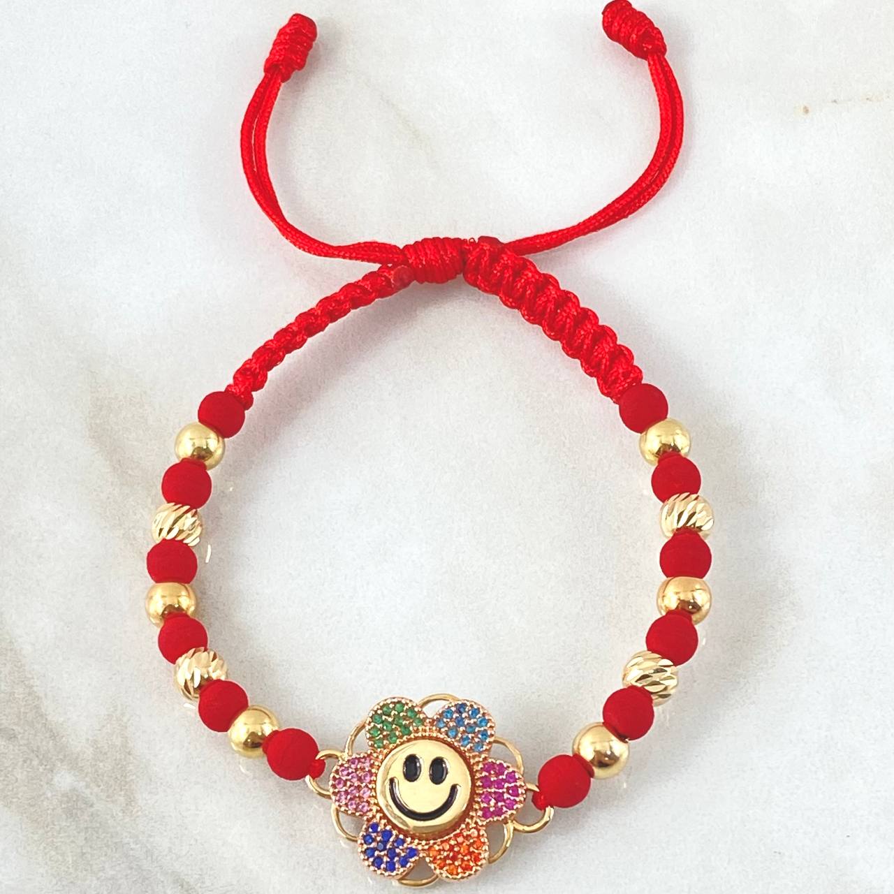 Pulsera Roja Herraje Flor Cara Feliz 5.85gr / Dos Oros Amarillo Rosa 18K ©