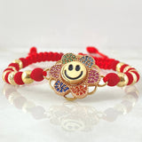 Pulsera Roja Herraje Flor Cara Feliz 5.85gr / Dos Oros Amarillo Rosa 18K ©
