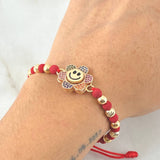 Pulsera Roja Herraje Flor Cara Feliz 5.85gr / Dos Oros Amarillo Rosa 18K ©