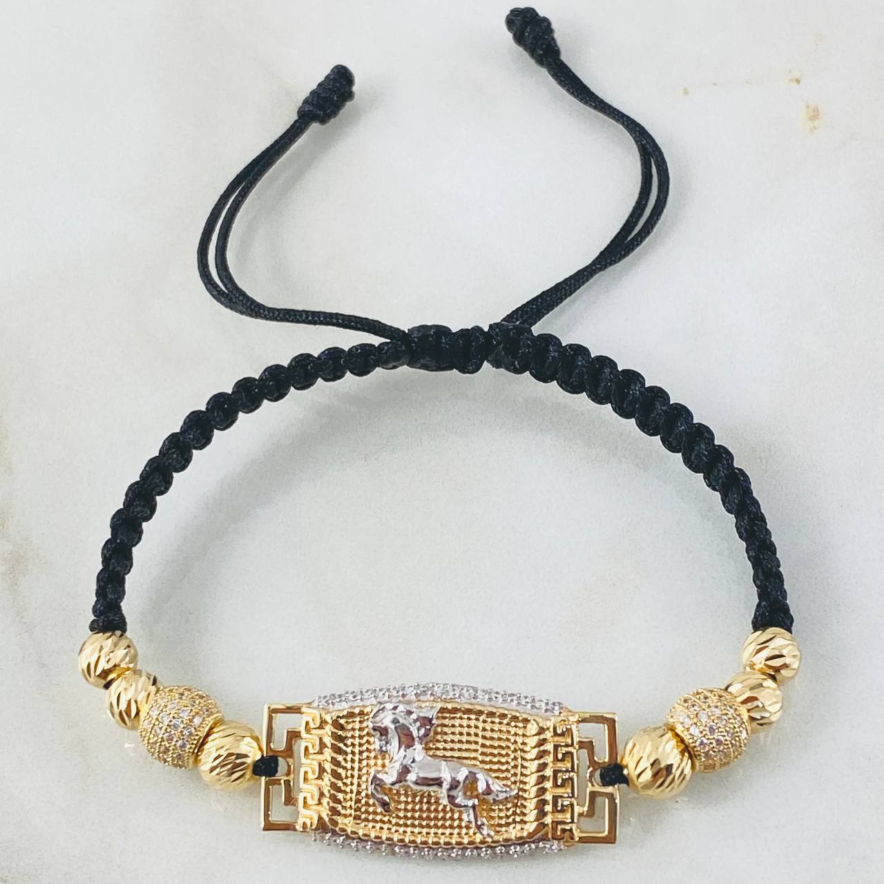 Black Bracelet Charm Horse 6.45gr / Two Golds Yellow White 18K ©