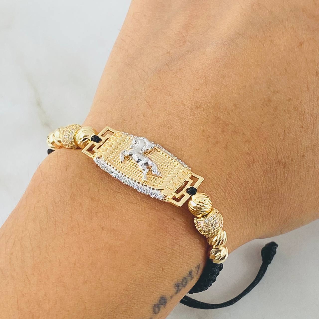 Black Bracelet Charm Horse 6.45gr / Two Golds Yellow White 18K ©