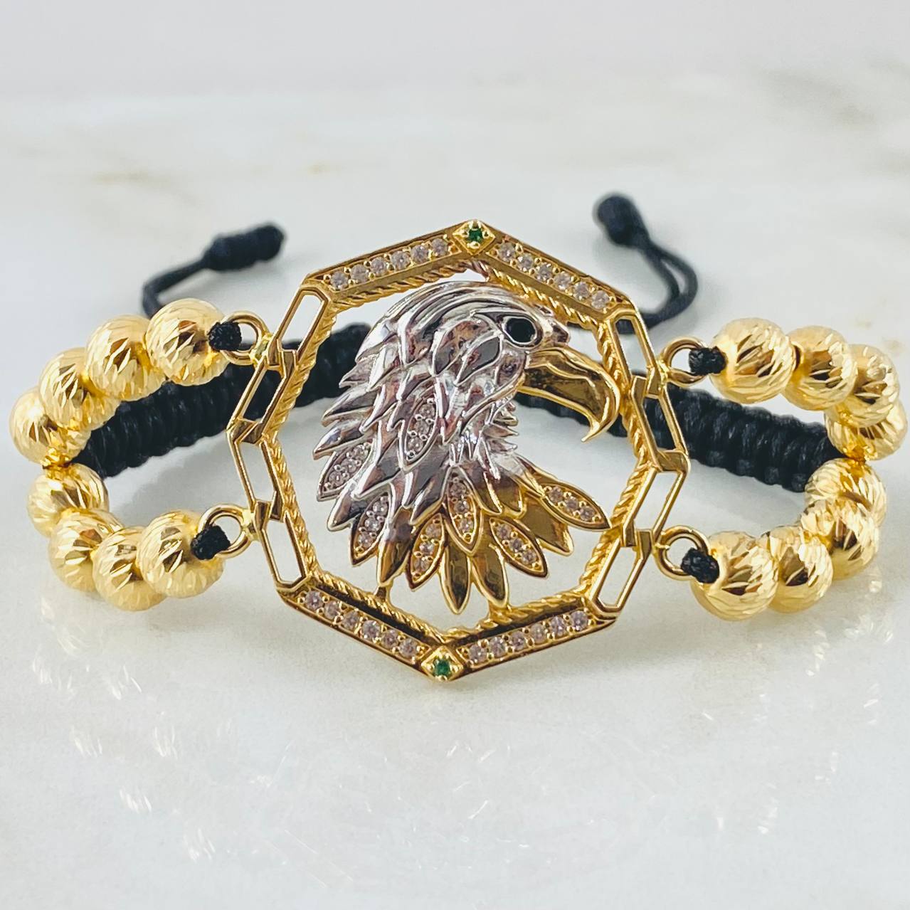Black Bracelet Charm Eagle 13.1gr / Two Golds Yellow White 18K ©