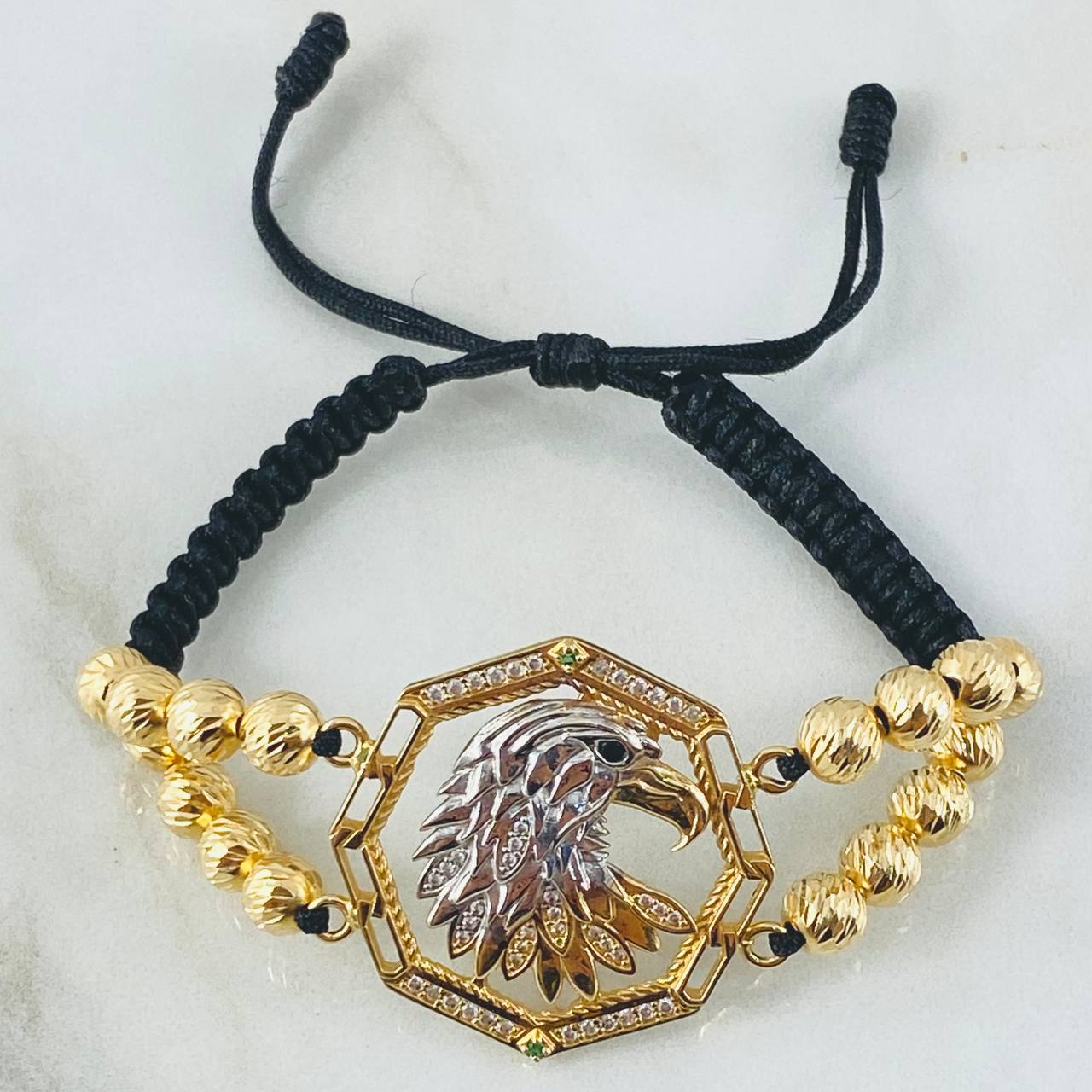 Black Bracelet Charm Eagle 13.1gr / Two Golds Yellow White 18K ©