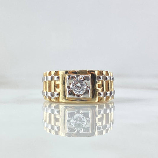 Ring Scepter Belt 9.8gr / T10 1/4 / Central White Zircon Two Yellow and White Gold 18K