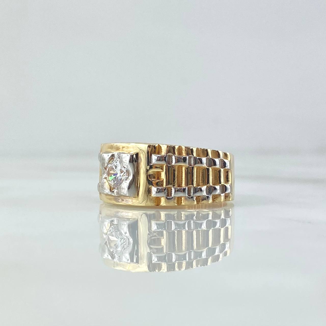Ring Scepter Belt 10.75gr / Size 9 1/2 / Central White Zircon Two Yellow and White Gold 18K