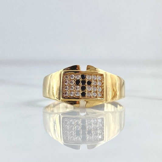 Cross Ring Thick Square 3.2gr / Size 7 1/2 / White and Black Zircons 18K Yellow Gold