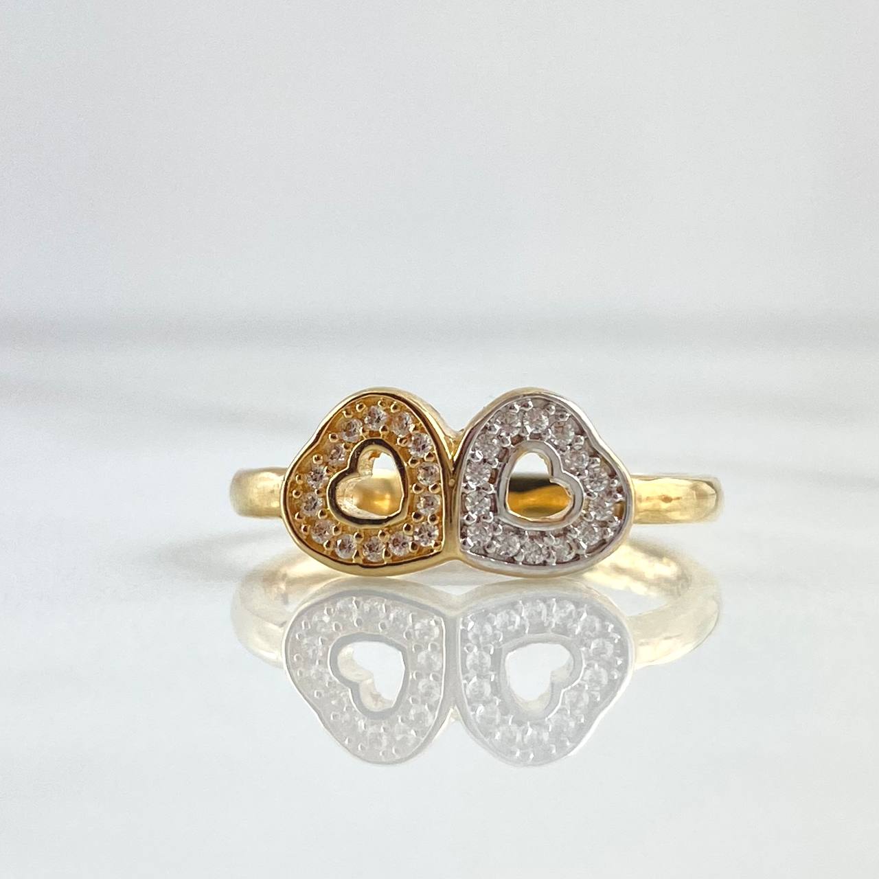 Double Heart Ring 3.1gr / Size 7 1/2 / White Zircons Two 18K Yellow and White Golds