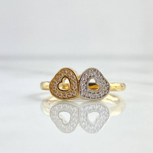 Double Heart Ring 3.1gr / Size 7 1/2 / White Zircons Two 18K Yellow and White Golds