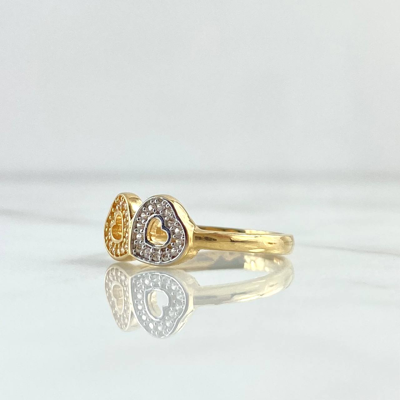 Double Heart Ring 3.1gr / Size 7 1/2 / White Zircons Two 18K Yellow and White Golds