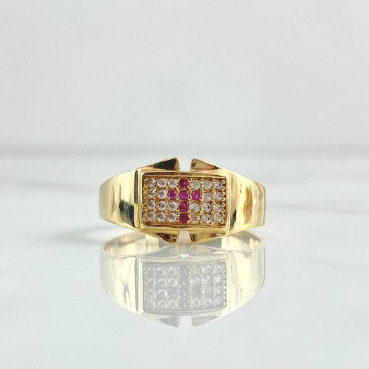 Thick Square Cross Ring 3.35gr / Size 7 1/2 / White Fuchsia Zircons 18K Yellow Gold