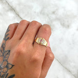 Thick Square Cross Ring 3.35gr / Size 7 1/2 / White Fuchsia Zircons 18K Yellow Gold