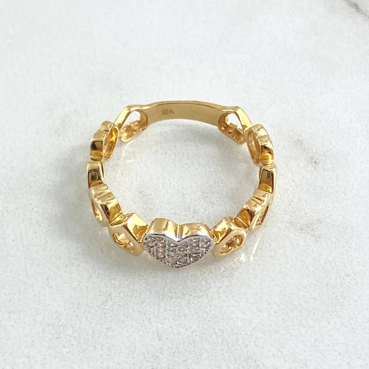 Ring Necklace Hearts 2.65gr / Size 7 1/2 / White Zircons Two 18K Yellow and White Golds