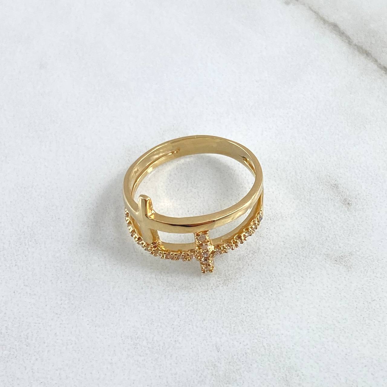 Double Cross Ring 3.05gr / Size 6 1/2 / White Zircons 18K Yellow Gold