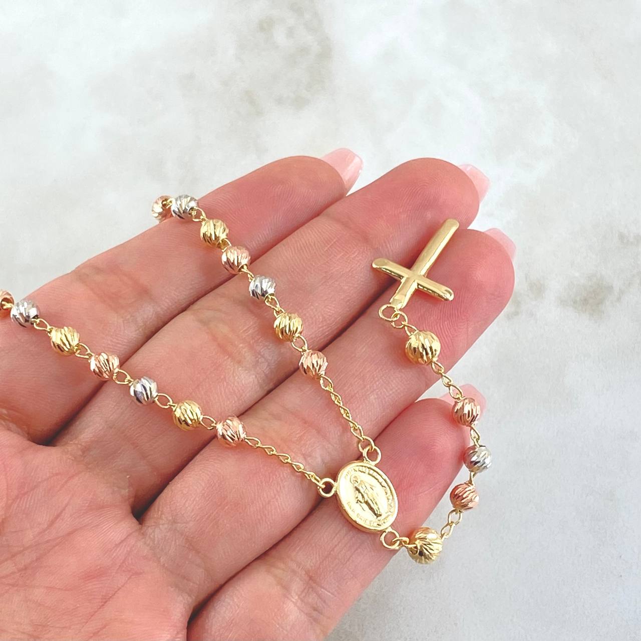 Miraculous Virgin Rosario Cross Polished 10.8gr / 50cm / 4mm-5mm Bead Diamond Cut Three Golds 18K ©