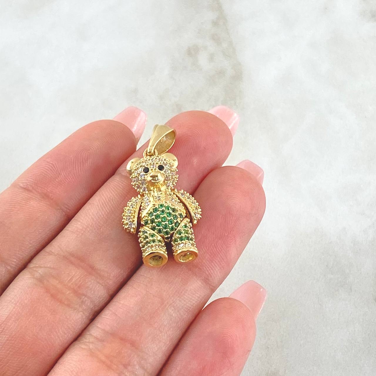 Pendant Bear 6.4gr / 3cm / Articulated White Green Zircons Yellow Gold 18K ©