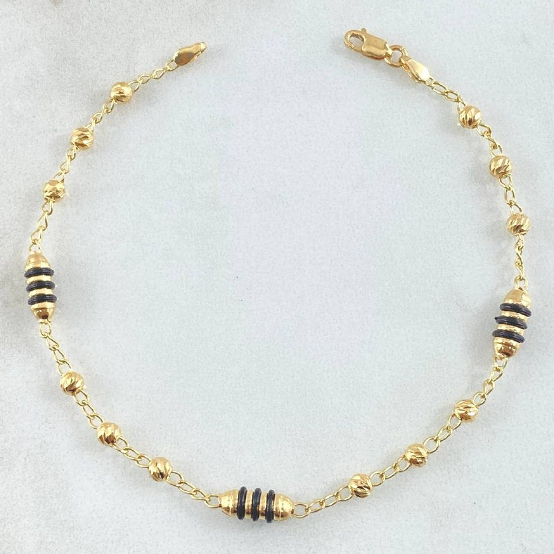 Bracelet Rustic Military Type 2.8gr / 18cm / 3mm Diamond Cut Black Rubber Yellow Gold 18K ©