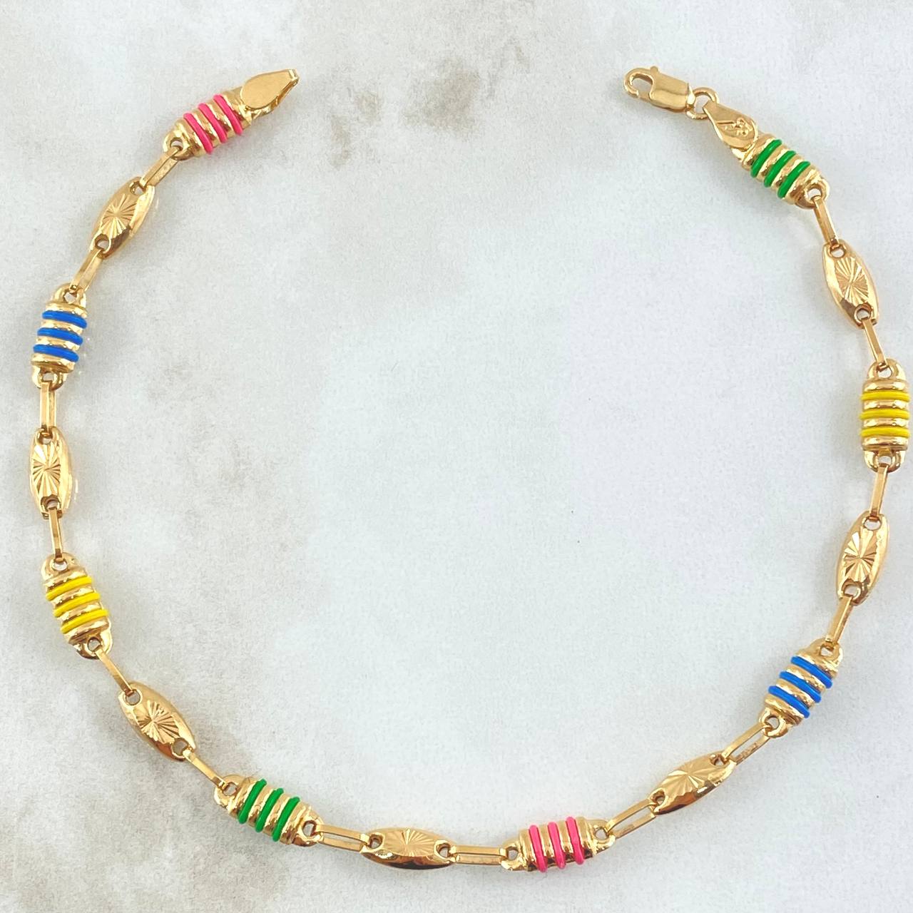 Tobillera Rustica Ovalada Diamantada 6.05gr / 24cm / Cauchos Colores Oro Amarillo 18K ©