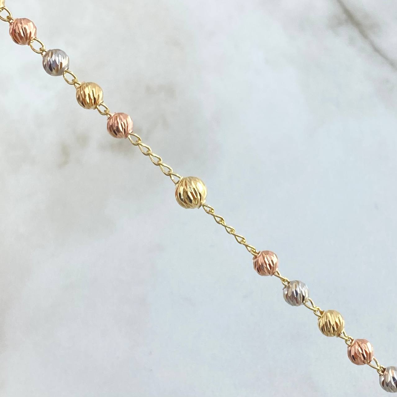Miraculous Virgin Rosario Cross Polished 10.8gr / 50cm / 4mm-5mm Bead Diamond Cut Three Golds 18K ©