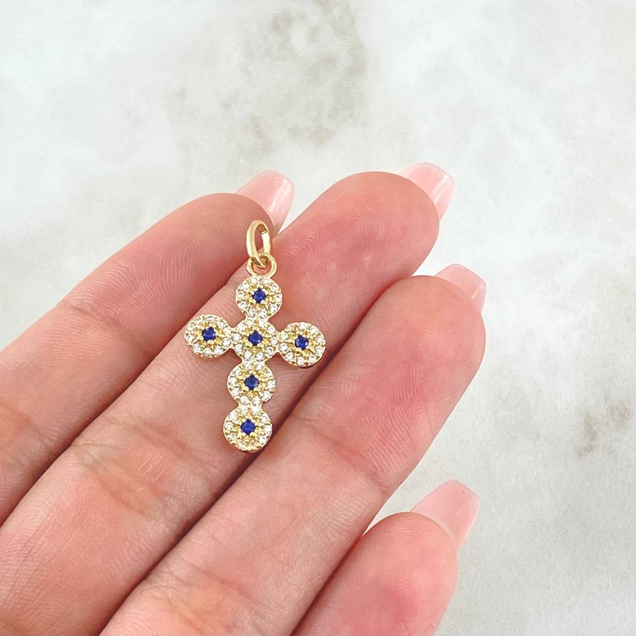 Pendant Pendant Thick Cross 2gr / 3cm / White Blue Zirconia Yellow Gold 18K ©