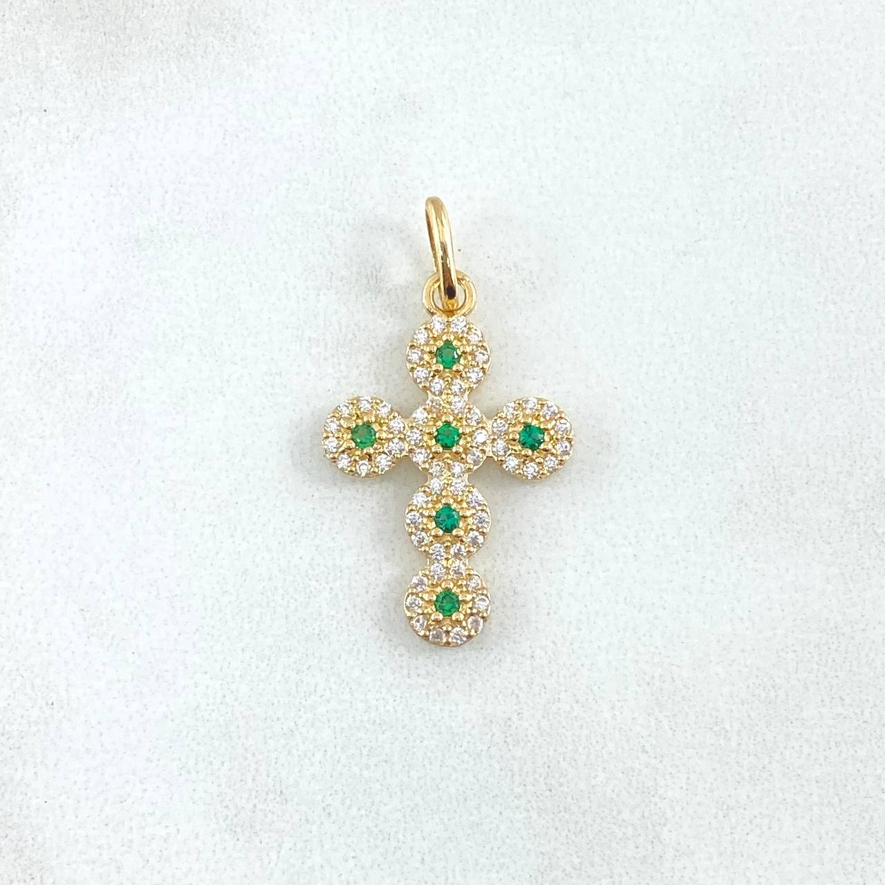 Pendant Pendant Thick Cross 1.95gr / 3cm / White Green Zircons Yellow Gold 18K ©
