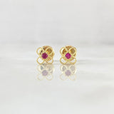 Stud Earrings Flower Four Petals 0.7gr / 5.6mm Fuchsia Zircon Yellow Gold 18K