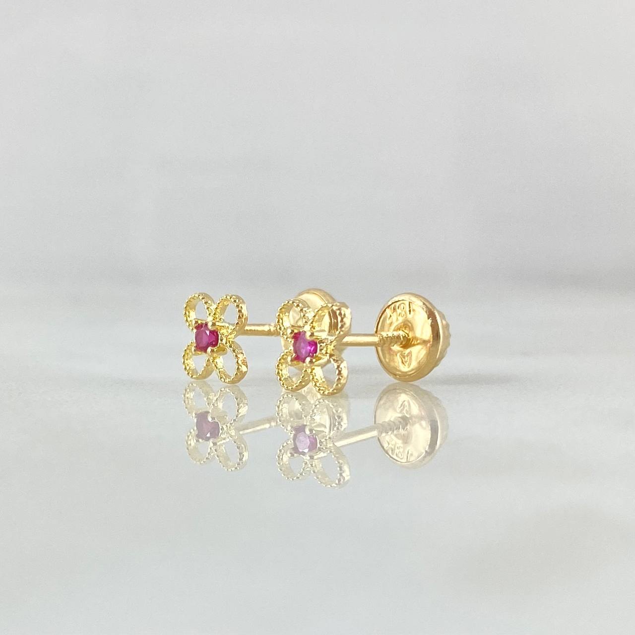 Stud Earrings Flower Four Petals 0.7gr / 5.6mm Fuchsia Zircon Yellow Gold 18K