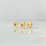 Stud Earrings Flower Four Petals 0.7gr / 5.6mm Fuchsia Zircon Yellow Gold 18K