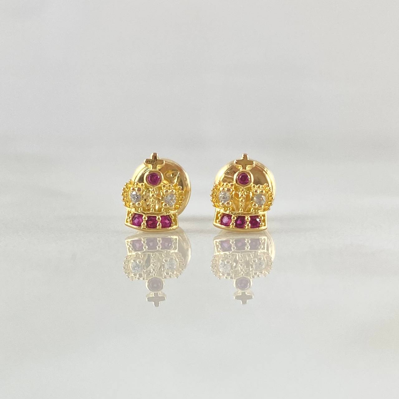 Stud Earrings Corona Real Basteada 0.8gr / 6.7mm Fuchsia White Zircons Yellow Gold 18K