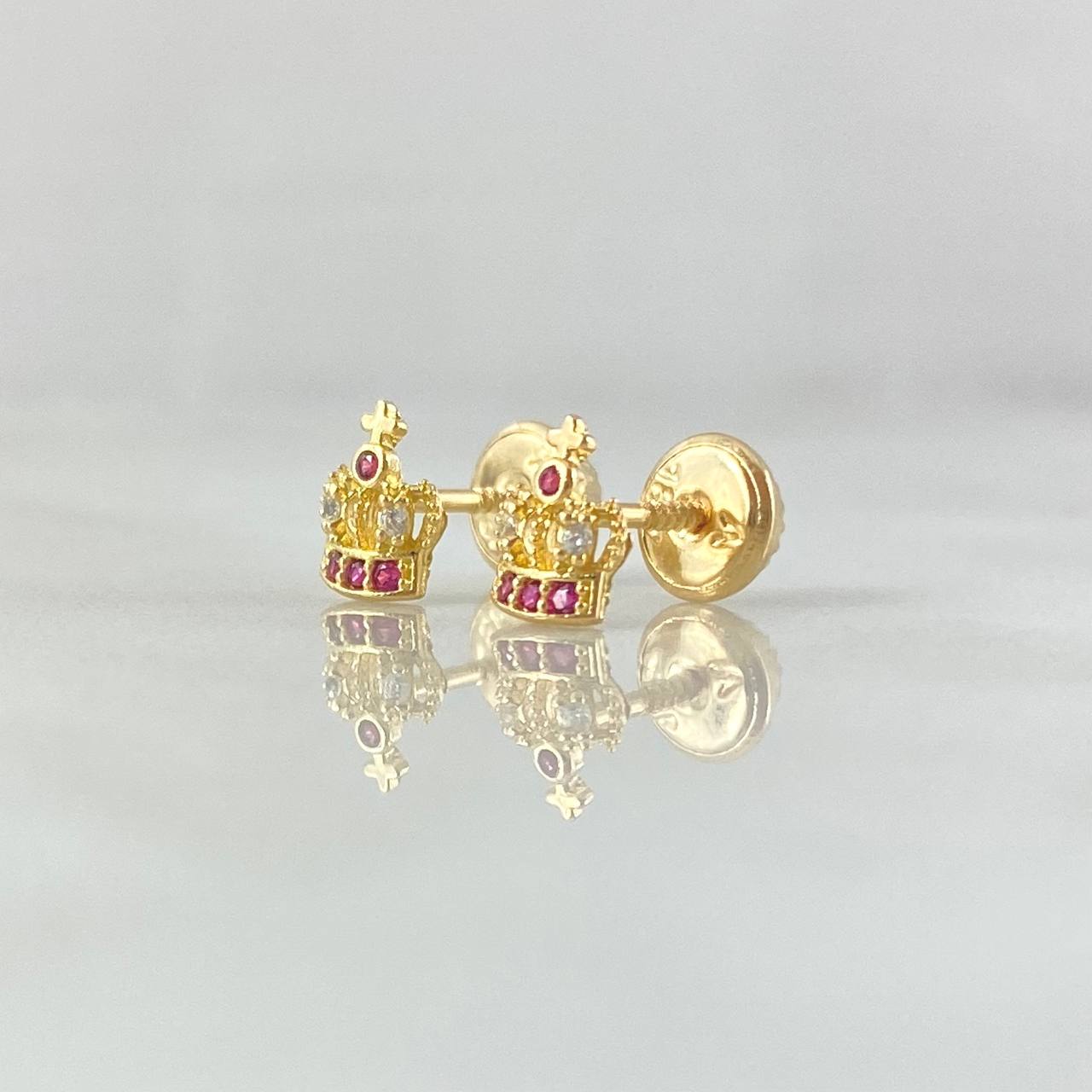 Stud Earrings Corona Real Basteada 0.75gr / 6.7mm Fuchsia White Zircons Yellow Gold 18K