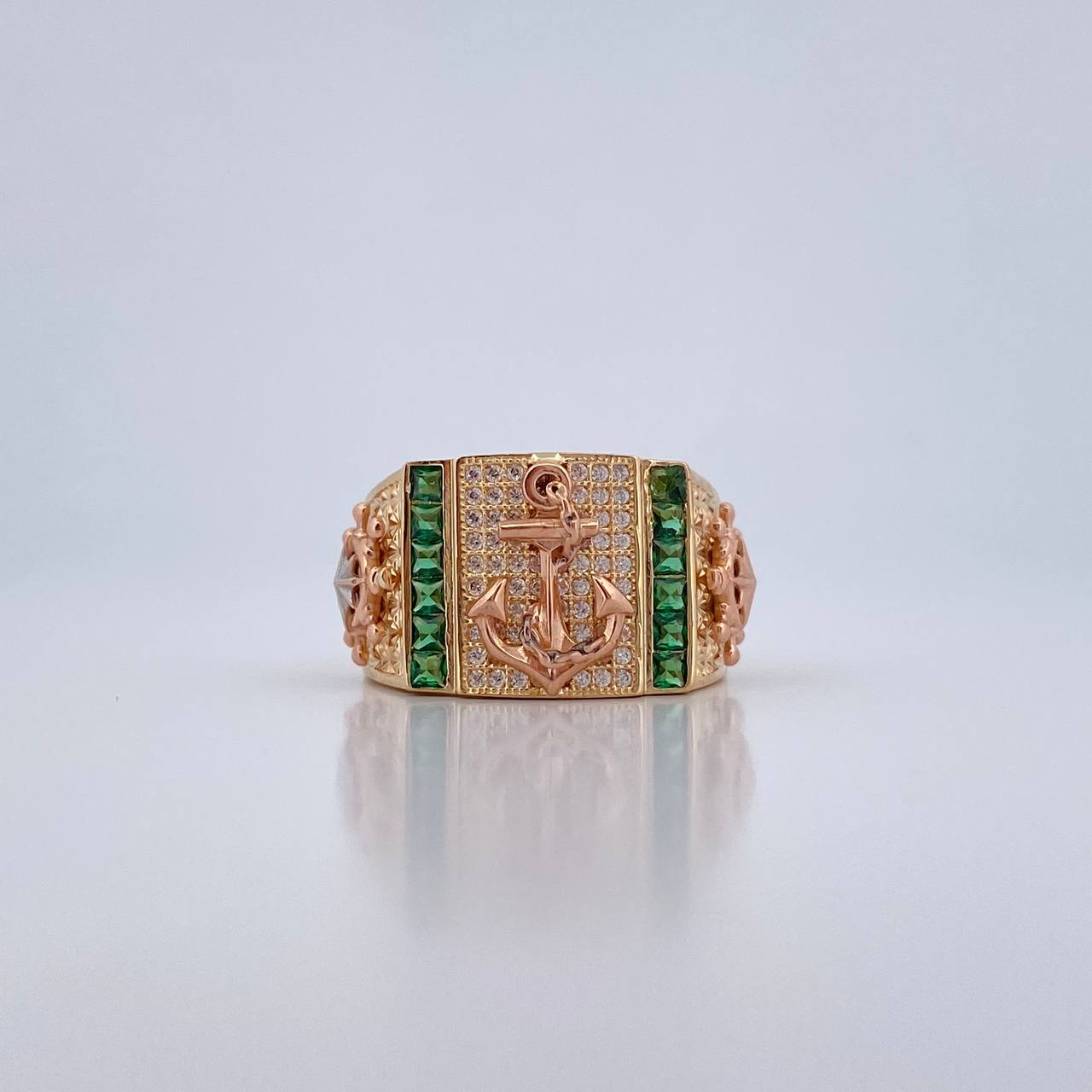 Anillo Ancla Timon 10gr / T10 / Circones Blancos Verdes Tres Oro 18K $
