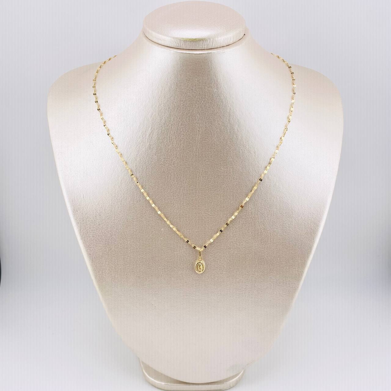 Set Cadena y Dije Flor Espejo + Virgen Guadalupe 1.6gr / 17 3/4 in / 1.8mm Oro Amarillo 18K