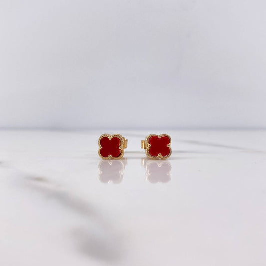Stud Earrings Clover 1.5gr / Stone Red Yellow Gold 18K &