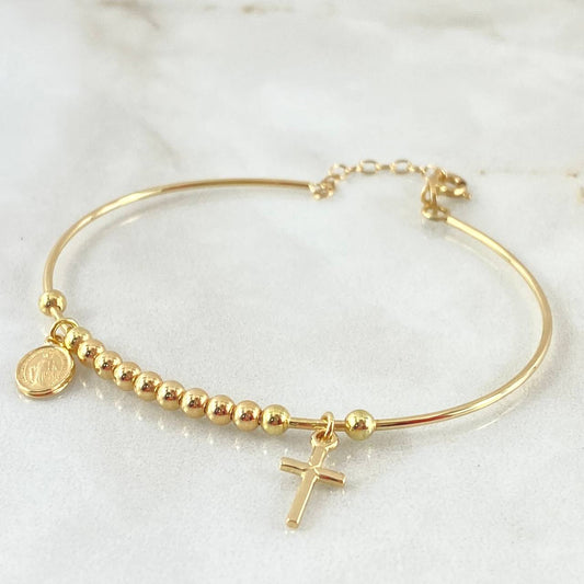 Pulso Aro Colgante Bolas 4.5gr / 17cm-18cm / 3mm Lisas Cruz - Virgen Milagrosa Oro Amarillo +4 18K ©