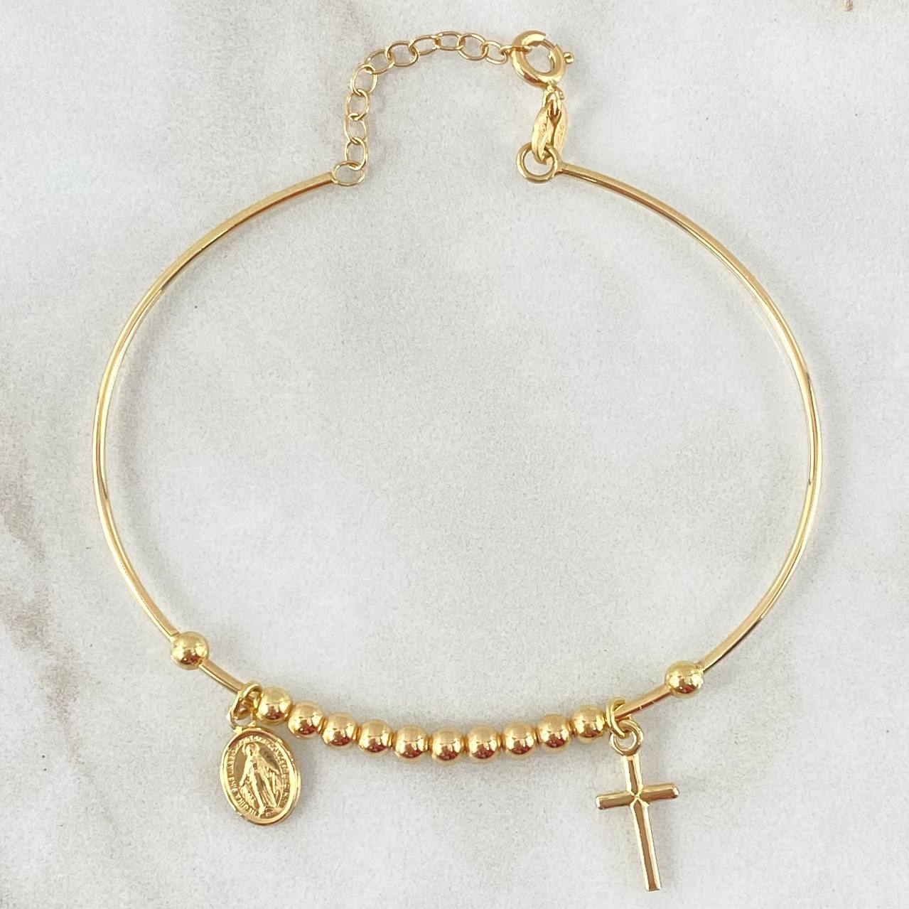 Pulso Aro Colgante Bolas 4.5gr / 17cm-18cm / 3mm Lisas Cruz - Virgen Milagrosa Oro Amarillo +4 18K *