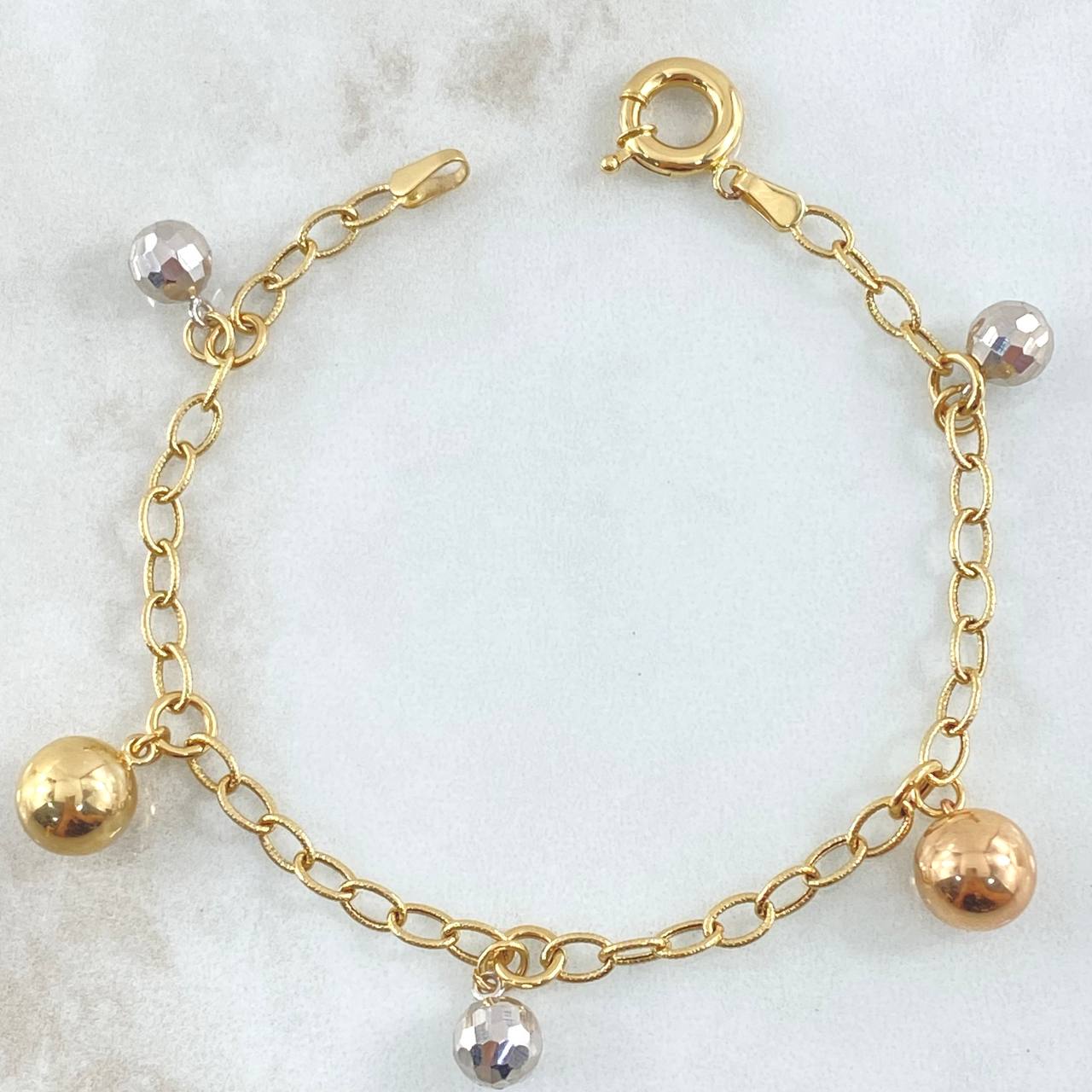 Pulso Aro Seguido Bolas Colgantes 5.55gr / 19cm / 4mm Diamantadas Lisas Tres Oros +4 18K ©