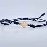 Pulsera Negra Herraje Trebol 0.45gr / Nacar Blanco Oro Amarillo 18K &