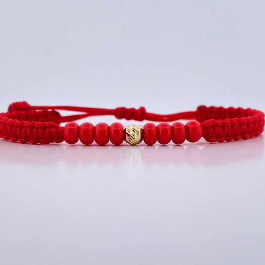 Pulsera Roja Mostazillas 4mm 1 Und Bola Diamantada Oro Amarillo 18K (A.C)