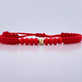 Pulsera Roja Mostazillas 4mm 1 Und Bola Diamantada Oro Amarillo 18K (A.C)